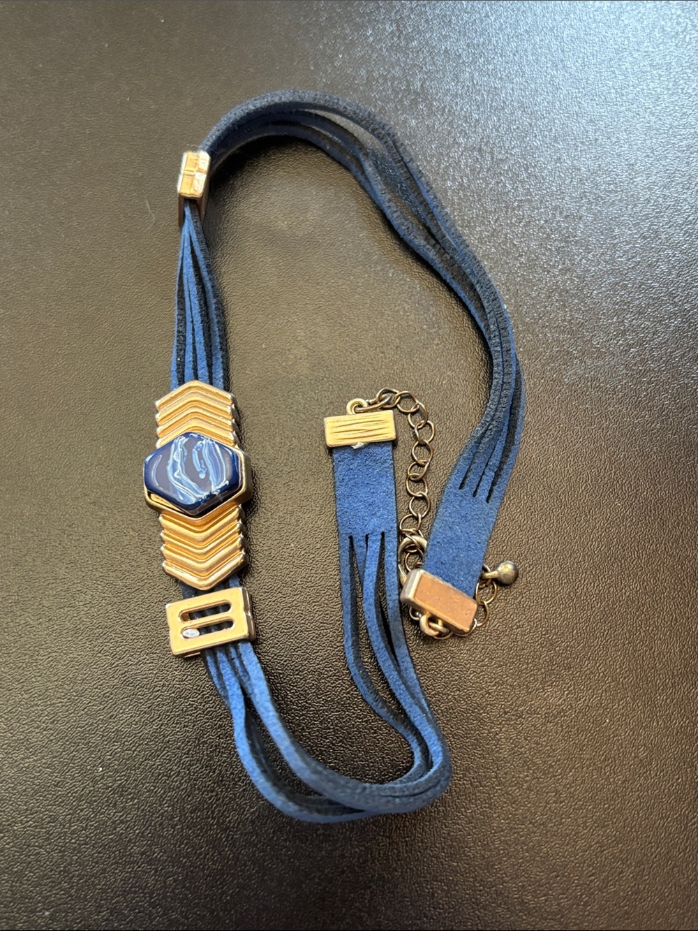 Blue Suede Multi-Strand Statement Necklace with Gold Accents